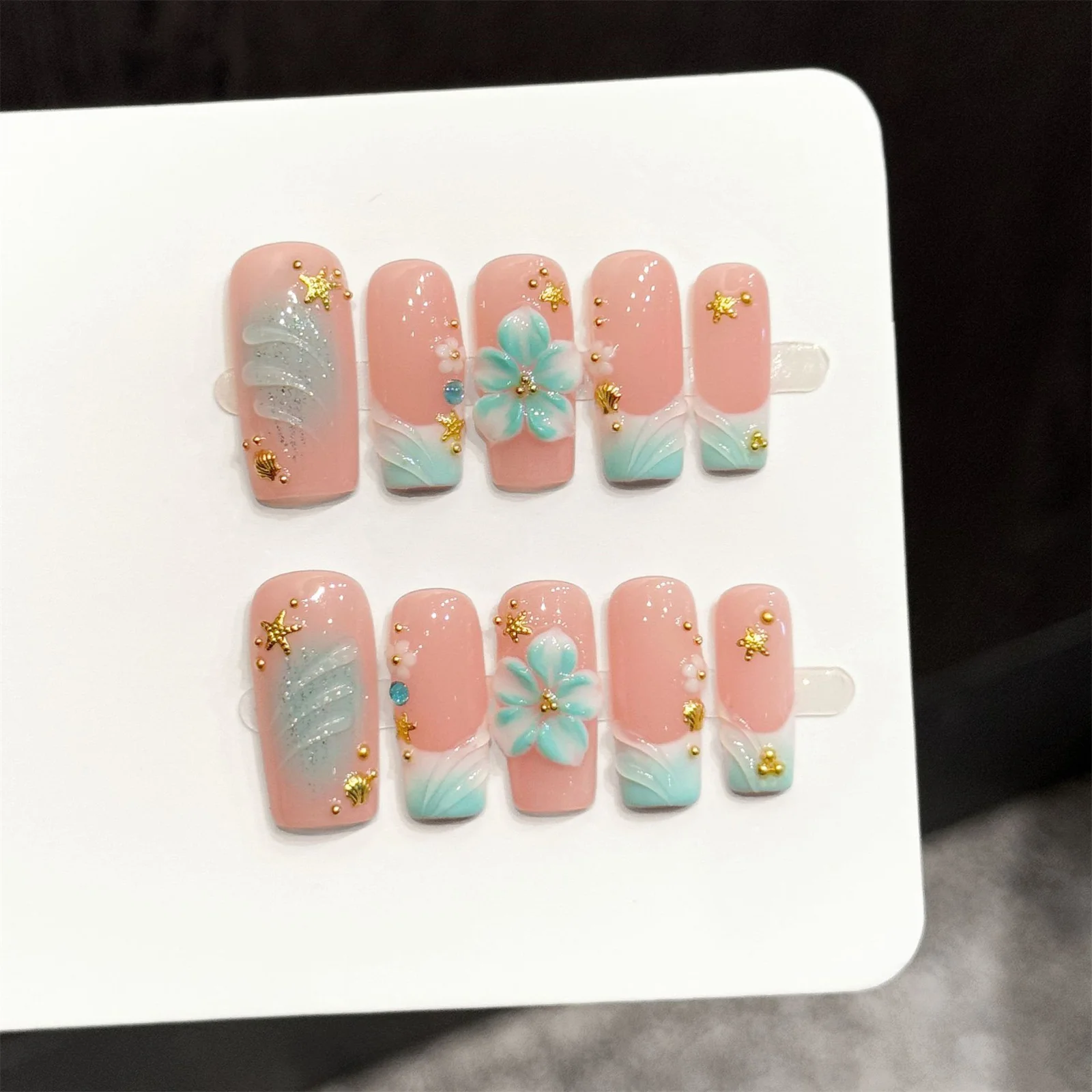 10pcs Handmade Press On Nails Ocean Style False Nails Pink Blue Color 3D Flower Design Long Square French Fake Nail Tip Wearable