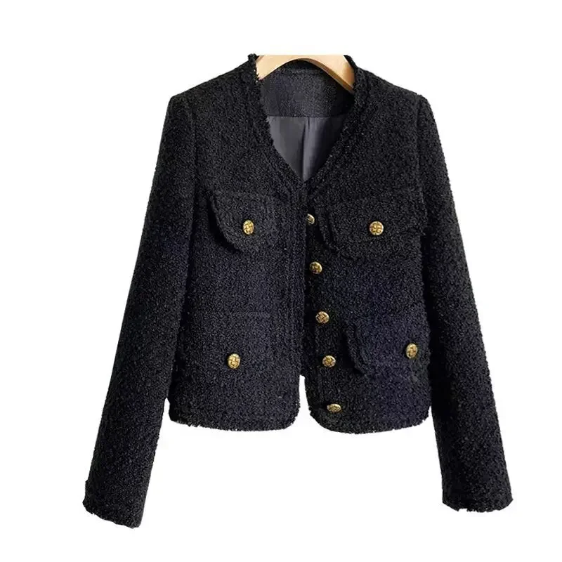 Blazer de Tweed de manga comprida feminino, casaco curto chique coreano, roupa preta para senhora do escritório, botão vintage, primavera, outono,