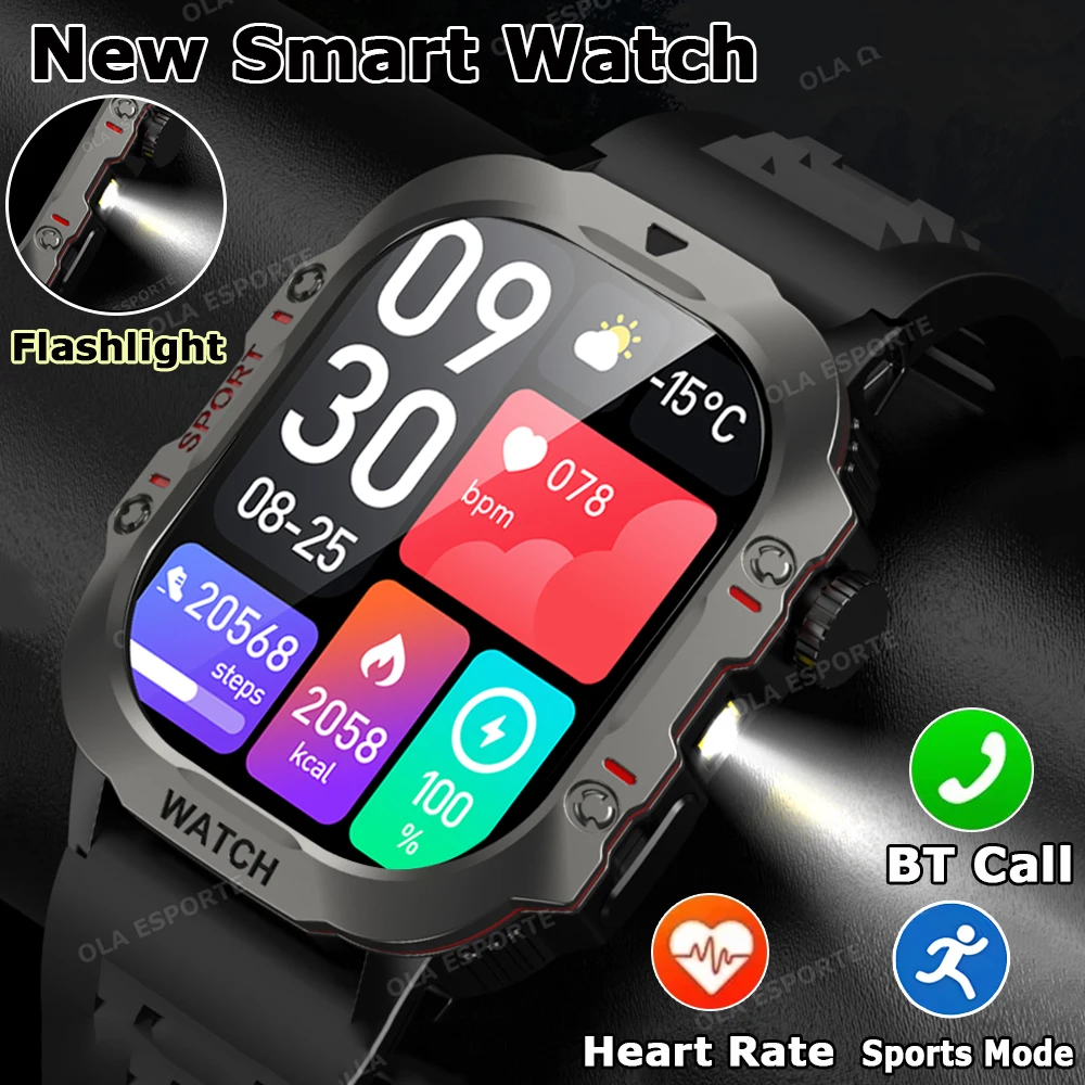 

Новый уличный фонарик, умные часы 2025, пульс, кислород в крови/давление, спортивный водонепроницаемый светодиодный фонарик, HD BT, умные часы с вызовом