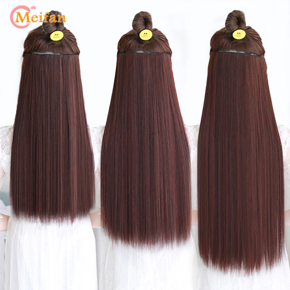 MEIFAN Long Synthetic Straight Natural Fake Hair Pieces 5-Clips In Hair Extension Heat Resistant Black Brown Natural Hairpiece