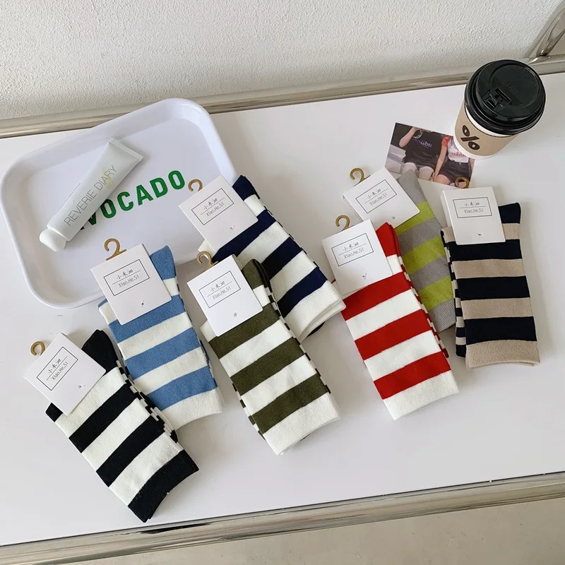 Combed Cotton Women's Long Socks Harajuku Japanese Korean Striped Socks Autumn Winter Fashion Casual Girls AB Socks High