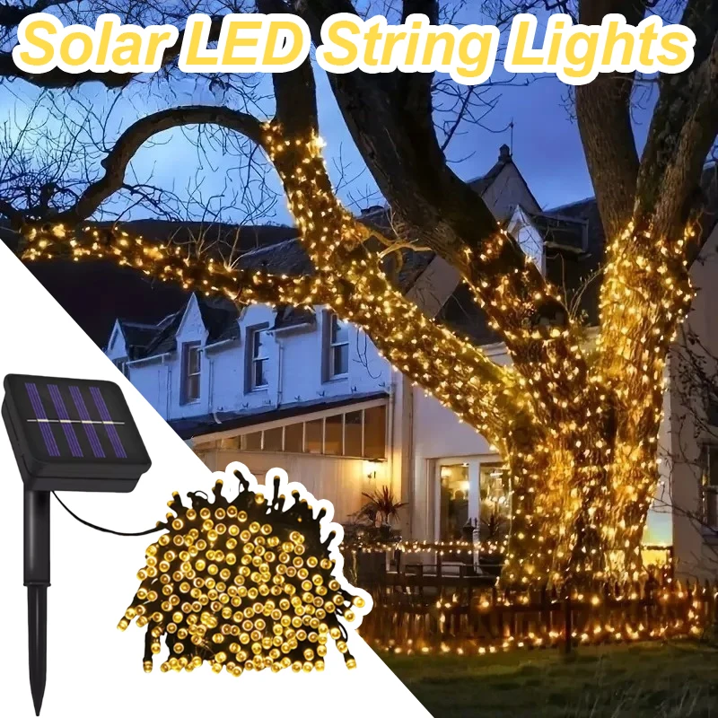 

12 м светодиодные гирлянды на солнечных батареях, водонепроницаемые патио для рождественской уличной вечеринки, украшения, праздничные гирлянды, садовые лампы