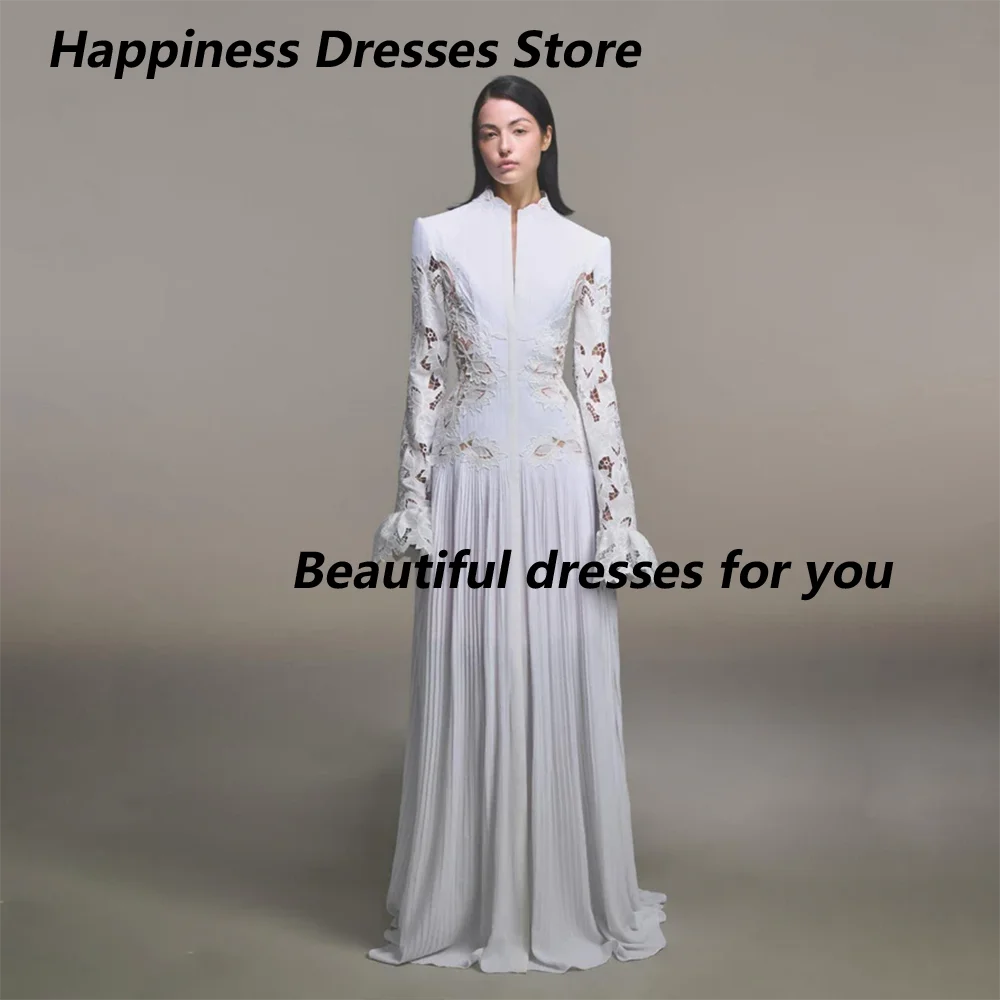 

Elegant Long Evening Dress High Neck Long Sleeves Pleat Chiffon A Line Floor Length Party Gown for Weddings Customized