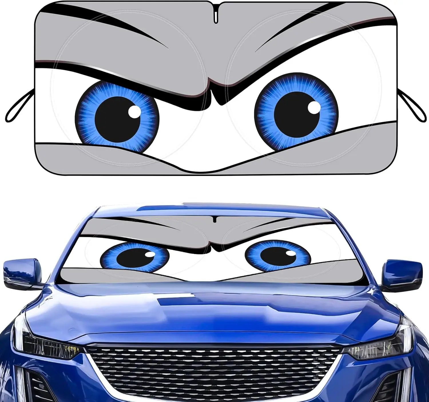

Car Windshield Sun Shade with Funny Eyes, Wear-Resistant Black Tape, Foldable 59''x27.5''/63''x31.5'' for Sun Protection