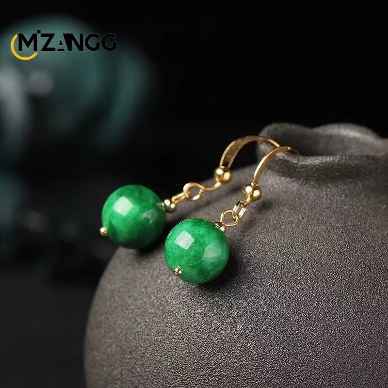 Natural Dry Green Jadeite Ear Line Green Jade Round Beads Earrings Luxury Fashion Women's Jewelry Birthday Holiday Gift