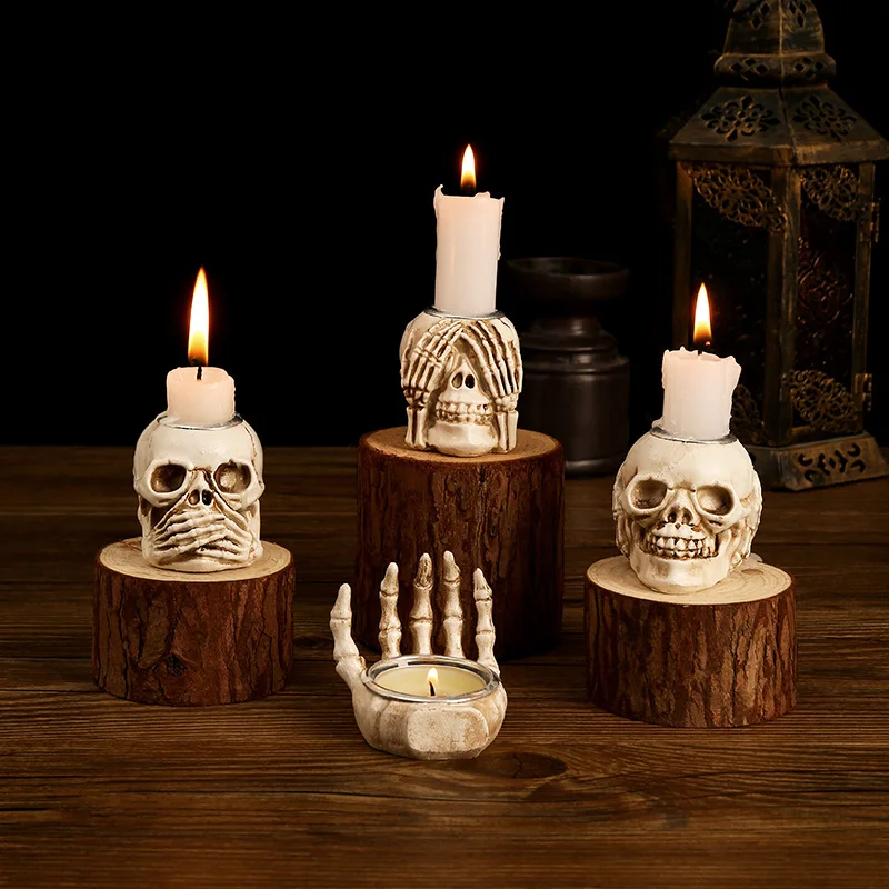 Resin Skeleton Candlestick Halloween Atmosphere Ornaments Ghost Skull Witch Hand Skeleton Candle Holders for Bar Party Decor