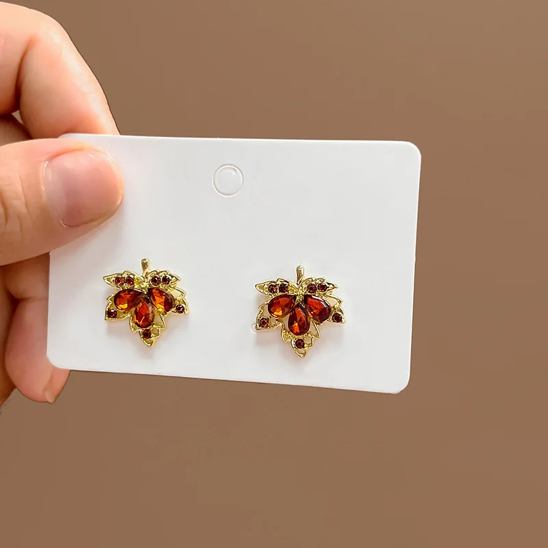 Korean Red Gem Maple Leaves Stud Earrings for Women Unique Delicate Zircon Crystal Ear Jewelry Wholesale Christmas Gift