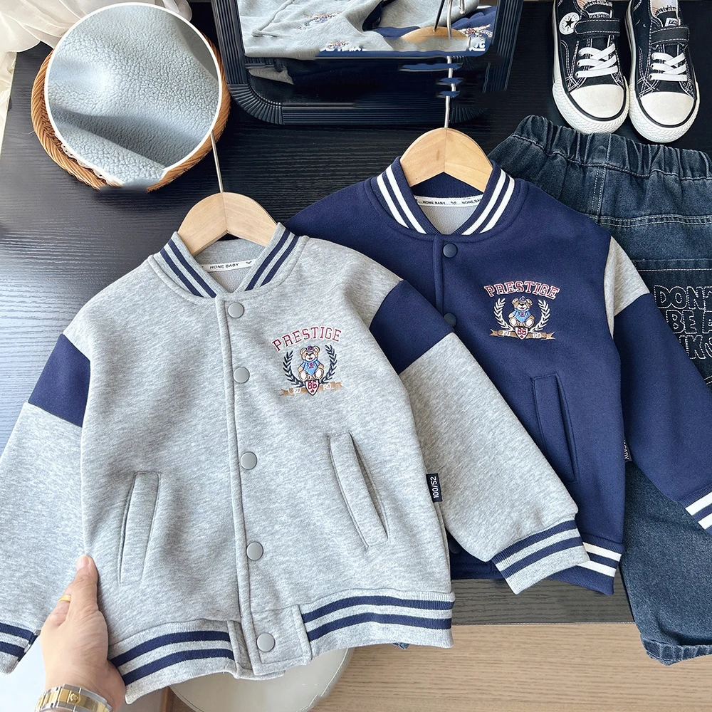 

Kids Baby Boys Baseball Jacket New Winter Bear Embroidery Thicken Warm Toddler Boys Coat Patchwork Infant Boys Round Neck Coat