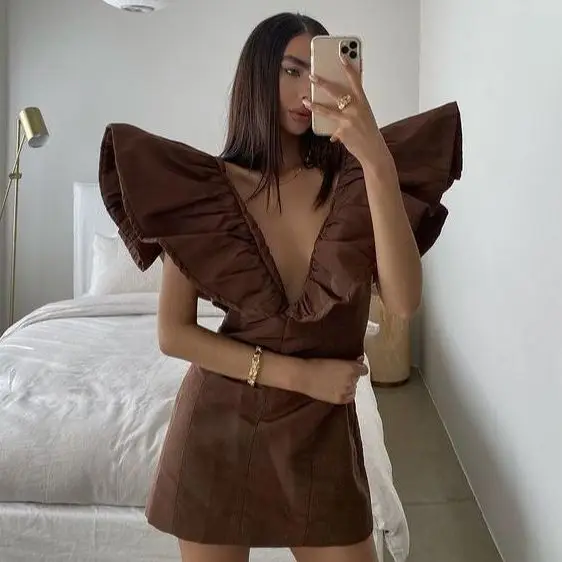 

V-neck Party Dresses Mini Dress Ruffles Chic Female Dress Brown Dress Woman Elegant Dresses For Women Casual Women's Dresses