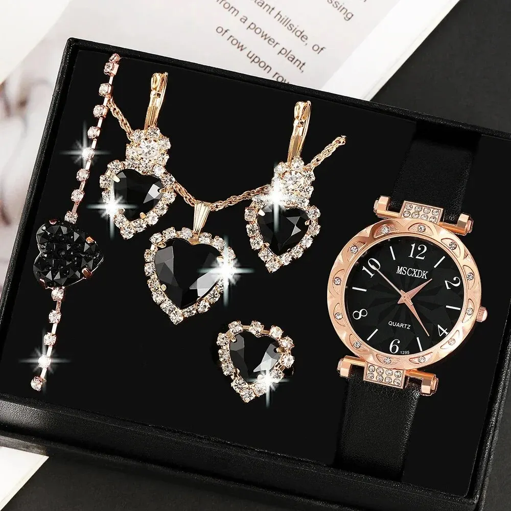 6pcs Women's Quartz Watch Black Leather Quartz Watch and Love Jewelry Set Necklace Ring Earrings Bracelet Set