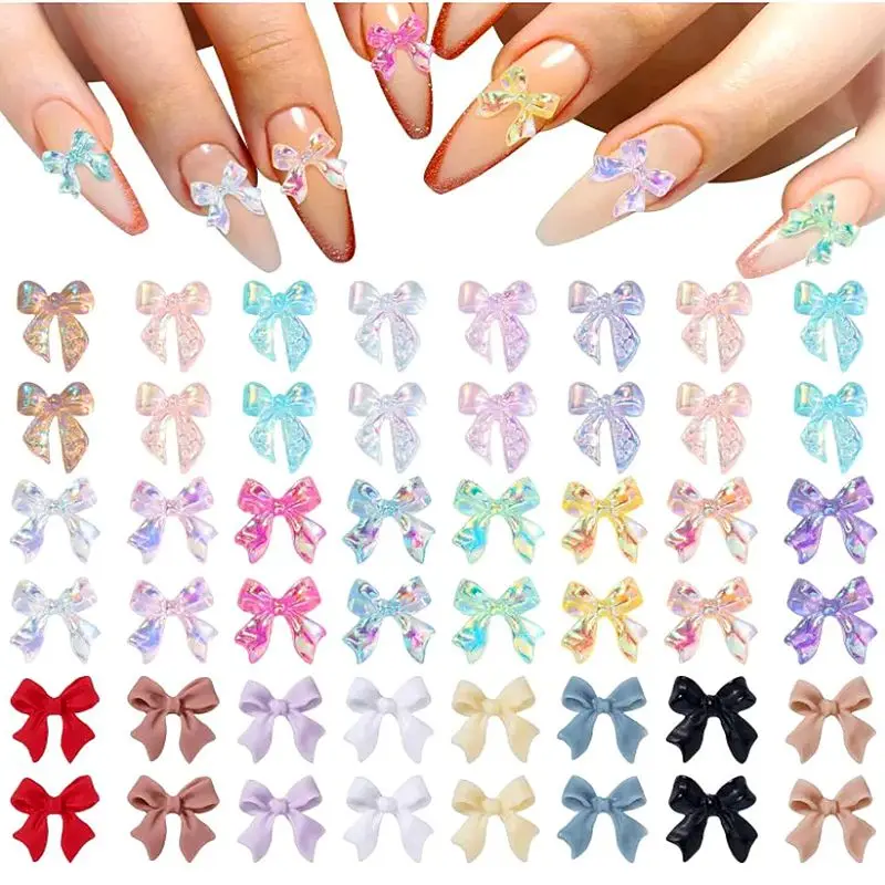 50PCS Aurora Acrylic 3D Nail Art Bow Charm For Nails Decoration Design Kawaii Manicure Accessories Bow-knot DIY Craft Supplies