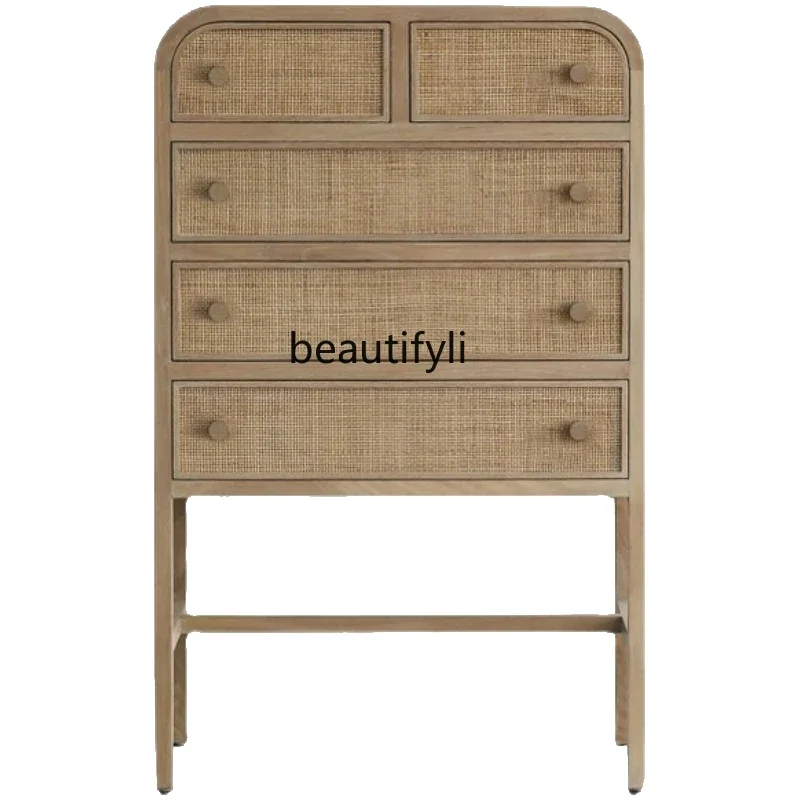 

Japanese-style wabi-sabi wind rattan chest, living room entry high-footed entrance cabinet, solid wood, storage side cabinet H