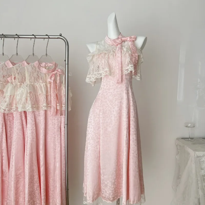 

Fairy Style Lace Patchwork Dress Women's Summer O-neck Elegant Japanese Slim Fit Sleeveless Long Dress Fashion Female Clothes