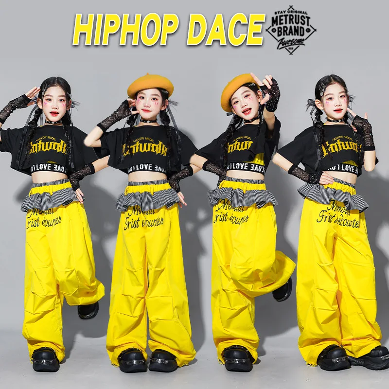 Girls Jazz Hip Hop Dance Clothes Summer Short Sleeves Crop Tops Brown Cargo Pants Modern Dance Practice Performance Outfit