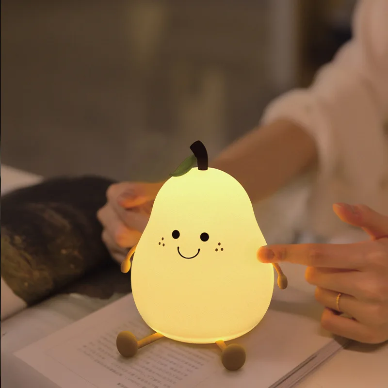 LED Pear Fruit Night Light USB Rechargeable Dimming Touch Silicone Table Lamp Bedroom Bedside Decoration Couple Gift Boby Light