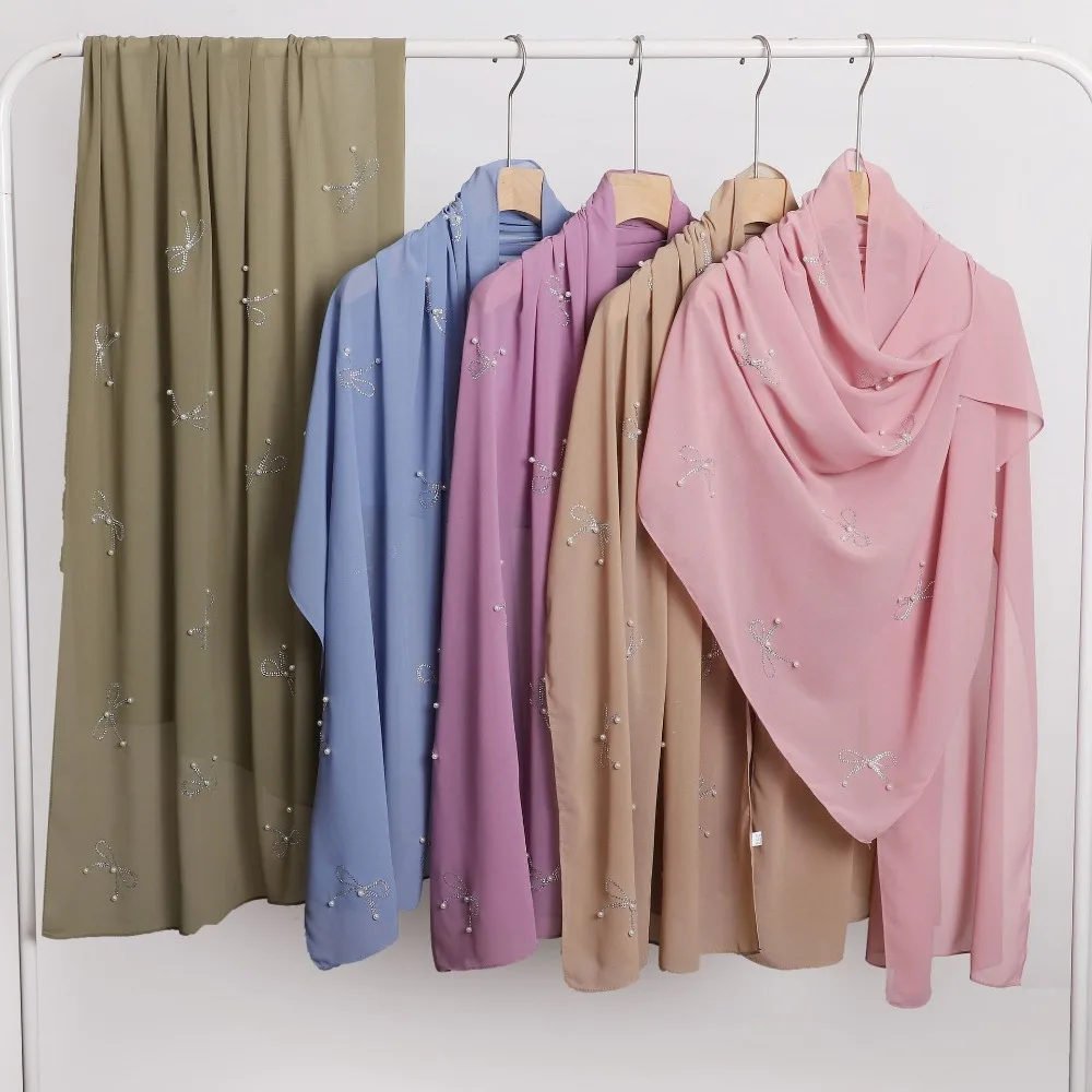 

Trendy 175×70cm Chiffon Hijabs Solid Color Pearl Bow Design Head Wrap Breathable Silk Scarf for Women