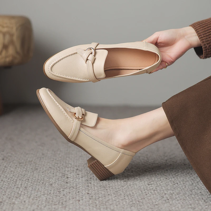 

Pumps Women Genuine Leather Slip On Round Toe Chunky Low Heel Deep Cutout Intellectual Chic Comfort Handmade Shoes