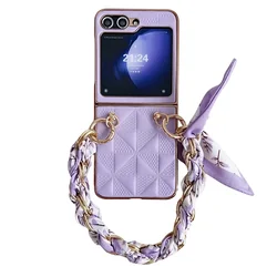 Luxury Leather Wrist Strap Phone Case for Samsung Galaxy Z Flip 6 5 4 3 with Protective Shockproof Adjustable Lanyard Cover
