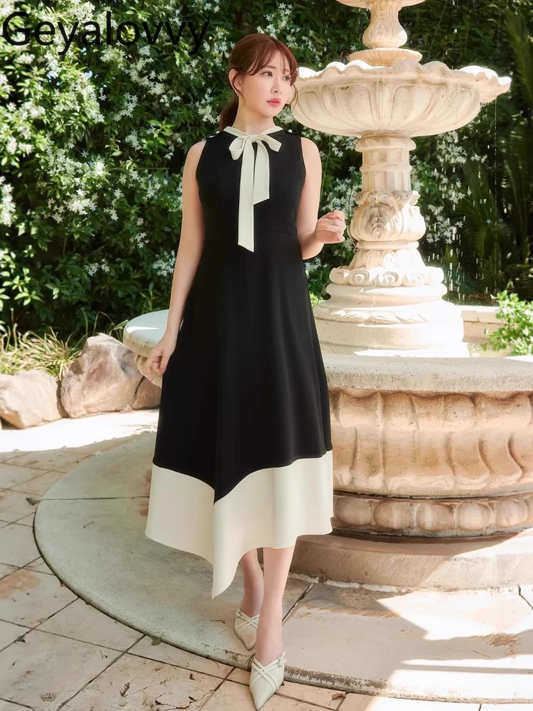 

Japanese Style 2025 Summer Retro Black and White Color Block Sleeveless Dress Elegant Casual Bow Ribbon Long Dresses