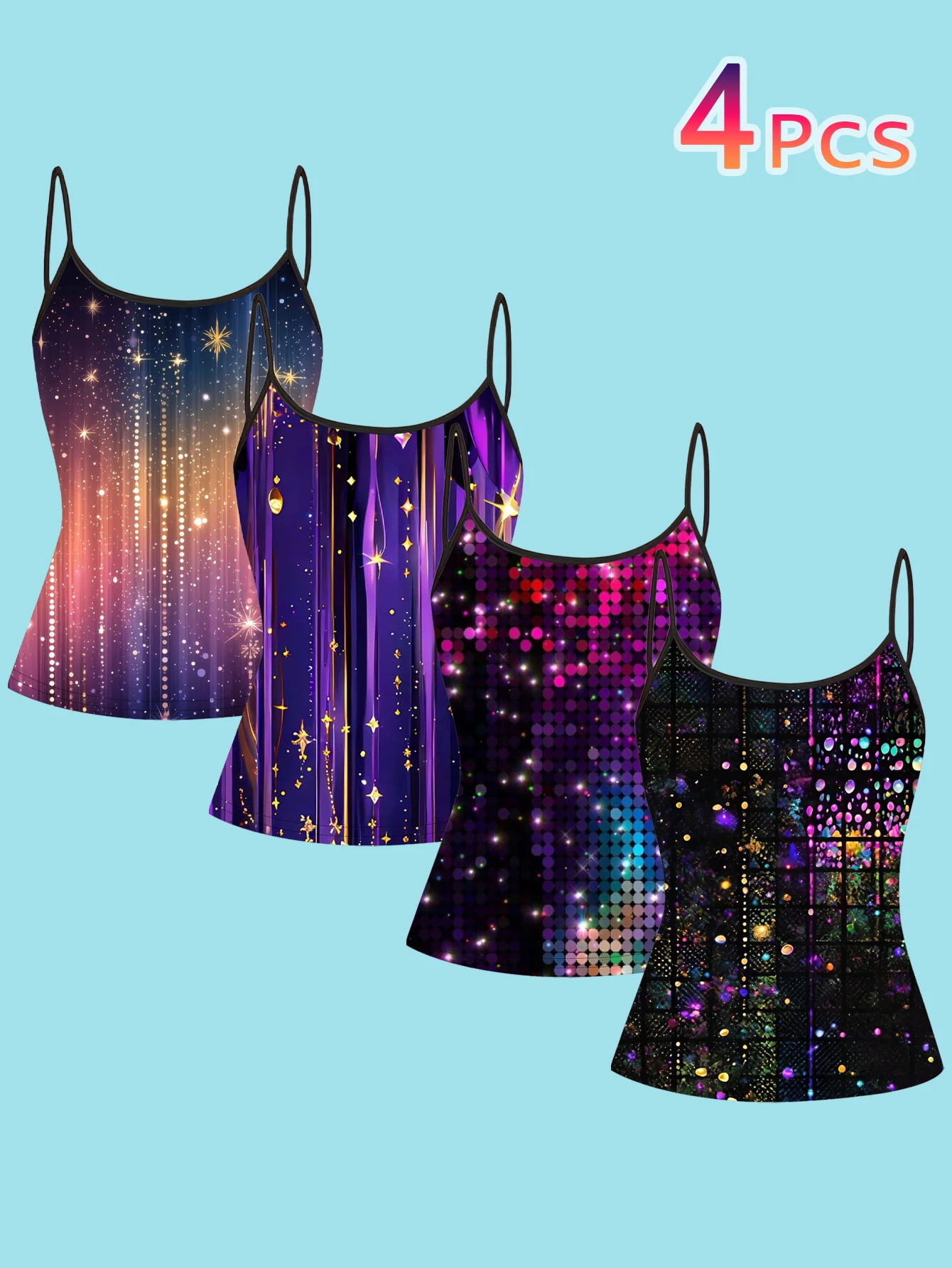 4-Piece Set of Women's Dreamy Starry Sequin Print Camisoles, Disco Neon Sequin Starry Sky Slim-Fit Spaghetti Strap Inner Tops