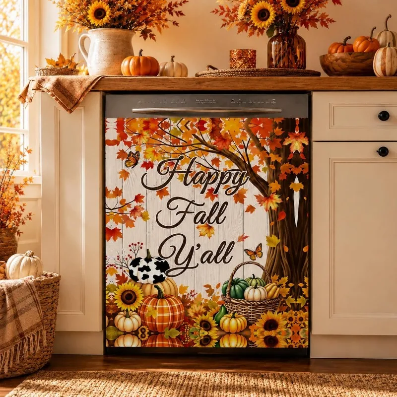 Fall Dishwasher Magnetic Cover, 23 X 26 Inches, “Happy Fall Y'All” Dishwasher Cover, Thanksgiving Kitchen Magnetic Cover