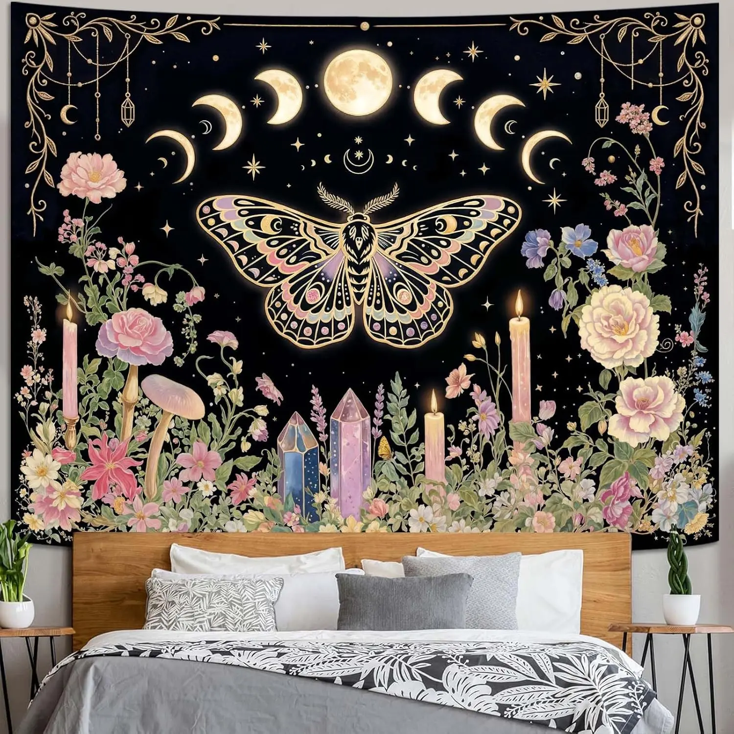 Butterfly Tapestry Wall Hanging Moon Phases Floral Candle Crystal Black and Pink Tapestries for Bedroom Aesthetic Wallpaper view 3