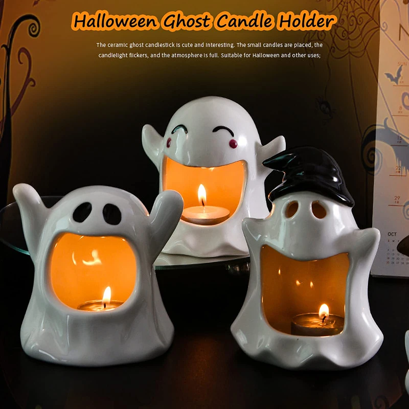 1Pc portacandele fantasma di Halloween, portacandele in ceramica con decorazioni fantasma, decorazioni per centrotavola portacandele a forma di