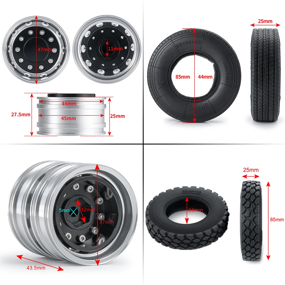 TRINOOD Tamiya 6x6 Wheels Rims Tires Set for 1/14 Scale RC Tractor Truck Trailer Cargo Truck Engineering Long Vehicle Parts