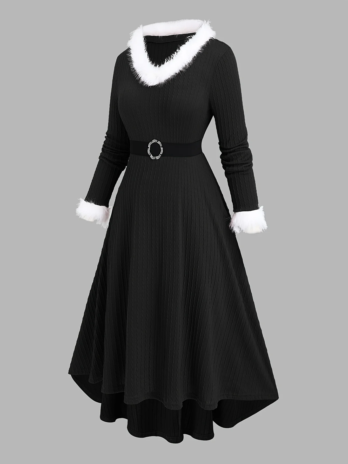 

Annual meeting battle uniform! Black plush collar knitted dress, an atmospheric, waist-cinched irregular long dress
