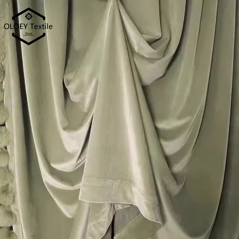 

Custom Luxury Blackout Curtains French Retro Green Velvet Drapes with Fur Ball Trim for Bedroom Villa Living Room Opulent Decor