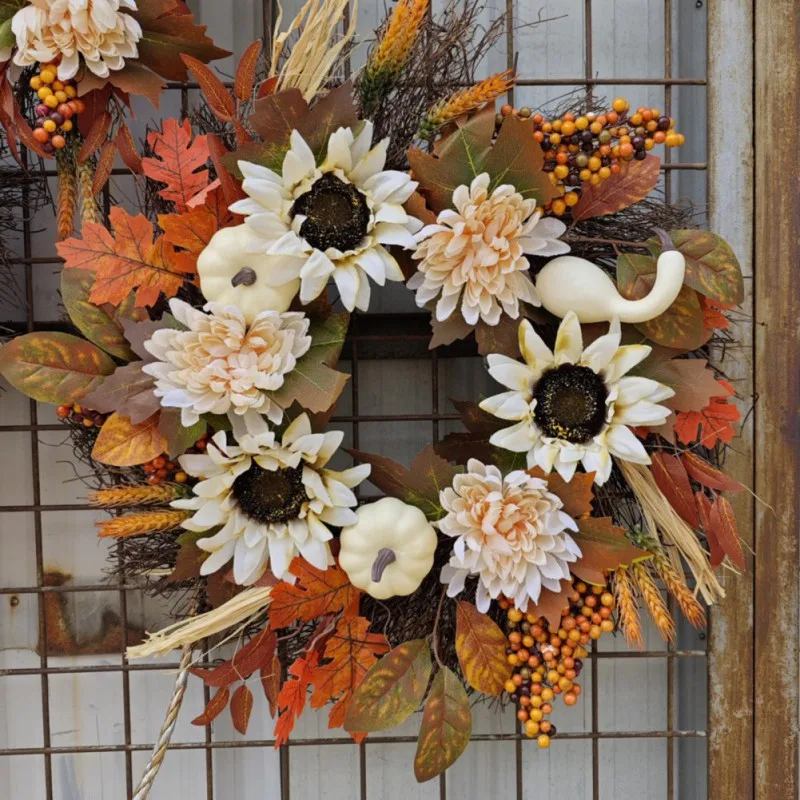 

Autumn Door Wreath Christmas Halloween Decoration Fall Wreath with Pumpkin Berry Pine Cone Maple Harvest Artificial Wreath Decor