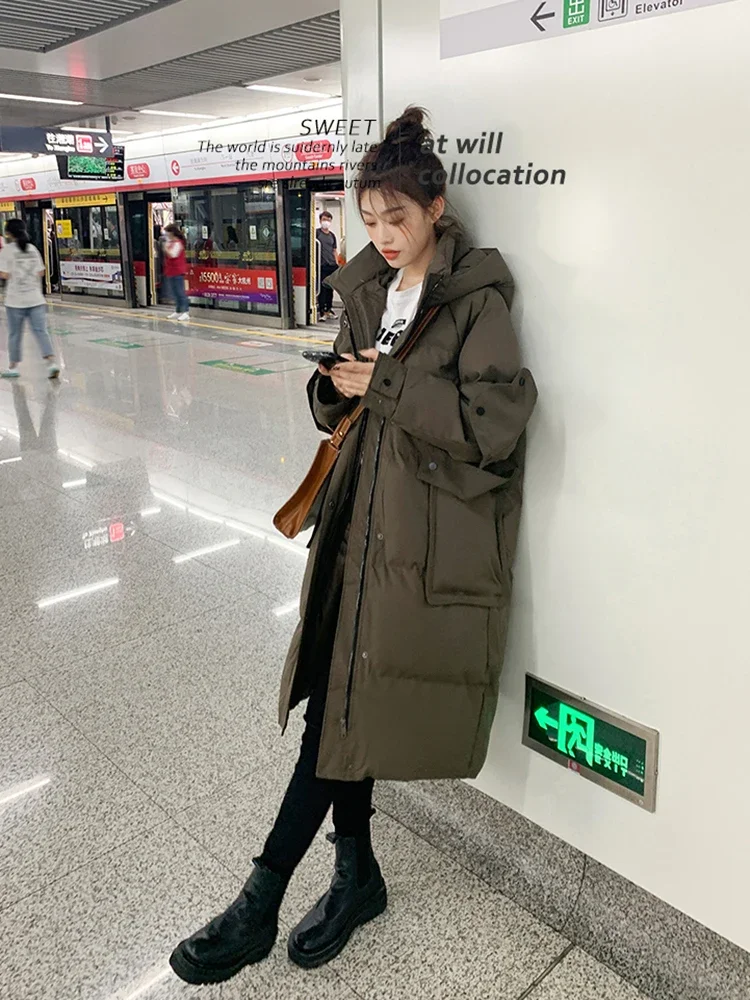 Women Korean White Long Hooded Cotton Padded Parkas 2024 Female Casual Thick Warm Winter Down Coats Loose Jackets Overcoats