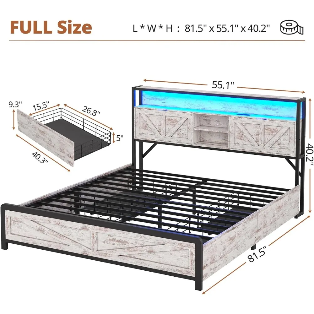 Full Size Bed Frame with Storage Headboard & Charging Station Headboard with Hidden Storage LED Bed Frame with Drawers