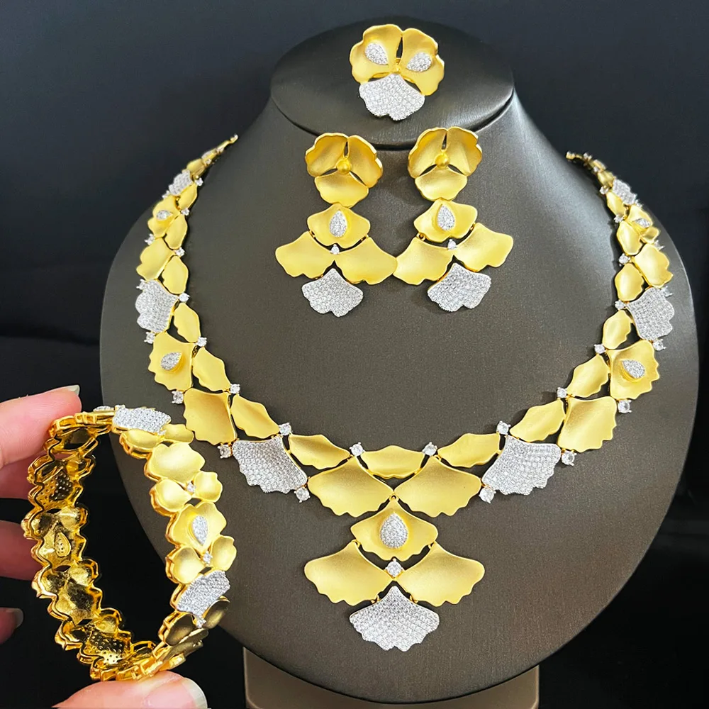 GODKI New Maple Leaf Flower Luxury 4pcs African Dubai Jewelry Set For Women Wedding Party Cubic Zircon Indian Bridal Jewelry Set