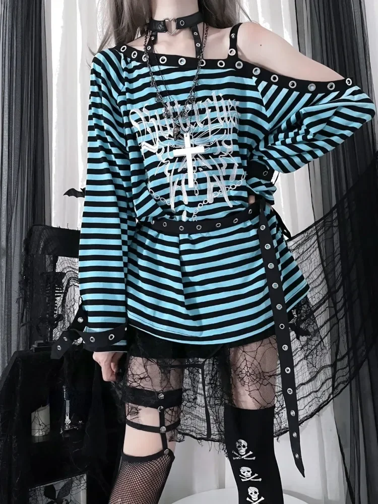 Y2k Grunge Mid-length Loose T-shirts 2024 Autumn New Striped Tops Women Sexy Off Shoulder Long Sleeve Cotton Tee Shirt