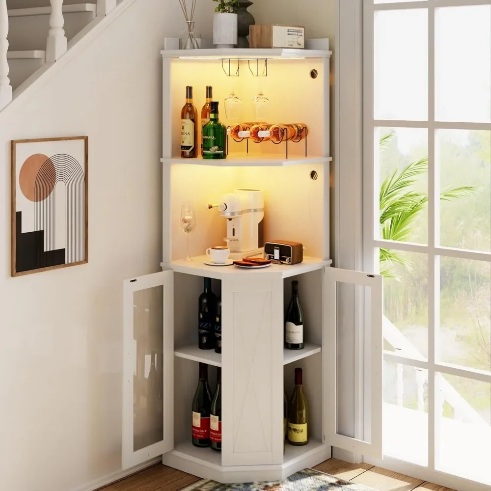 Corner Wine Bar Cabinet with LED Lights and Outlets, 67.7