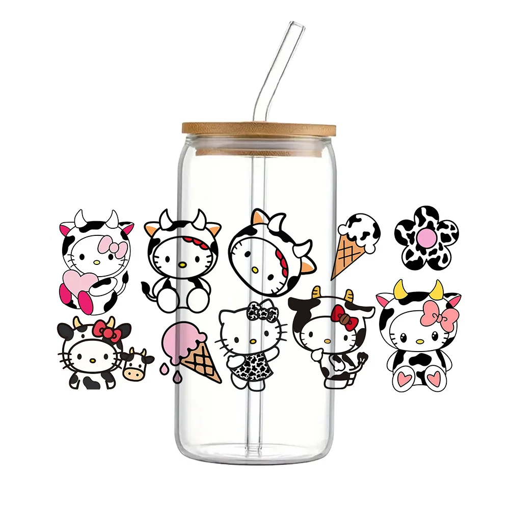 11x24cm Cute Milk Cow Hello Cat Sanr UV DTF Wraps Sticker DIY For 16oz Glass Cup Waterproof Decals Phone Case Girls Sticker view 5