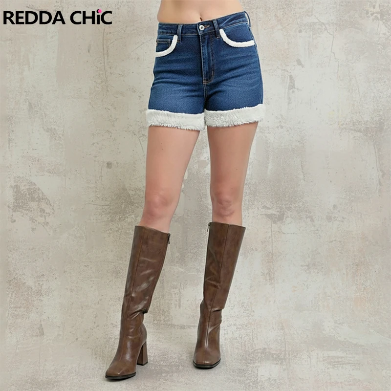 

REDDACHiC Джинсовые шорты с меховыми манжетами, женские школьные повседневные потертые свободные джинсовые шорты с низкой талией Y2k, винтажные осенне-зимние штаны