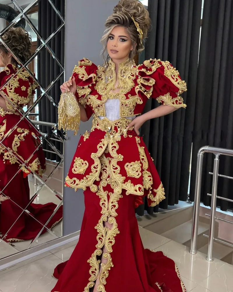 National Kosovo Albanian Red Velvet Evening Dresses gold lace Applique Mermaid Prom Dress Albanian Caftan Motifs Dallama