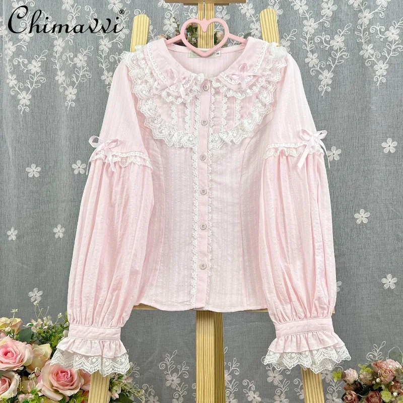 

Новая модная блузка с длинным рукавом на весну-осень 2026: элегантная женская рубашка в стиле Лолита из чистого хлопка с милым воротником-стойкой для девочек и женщин