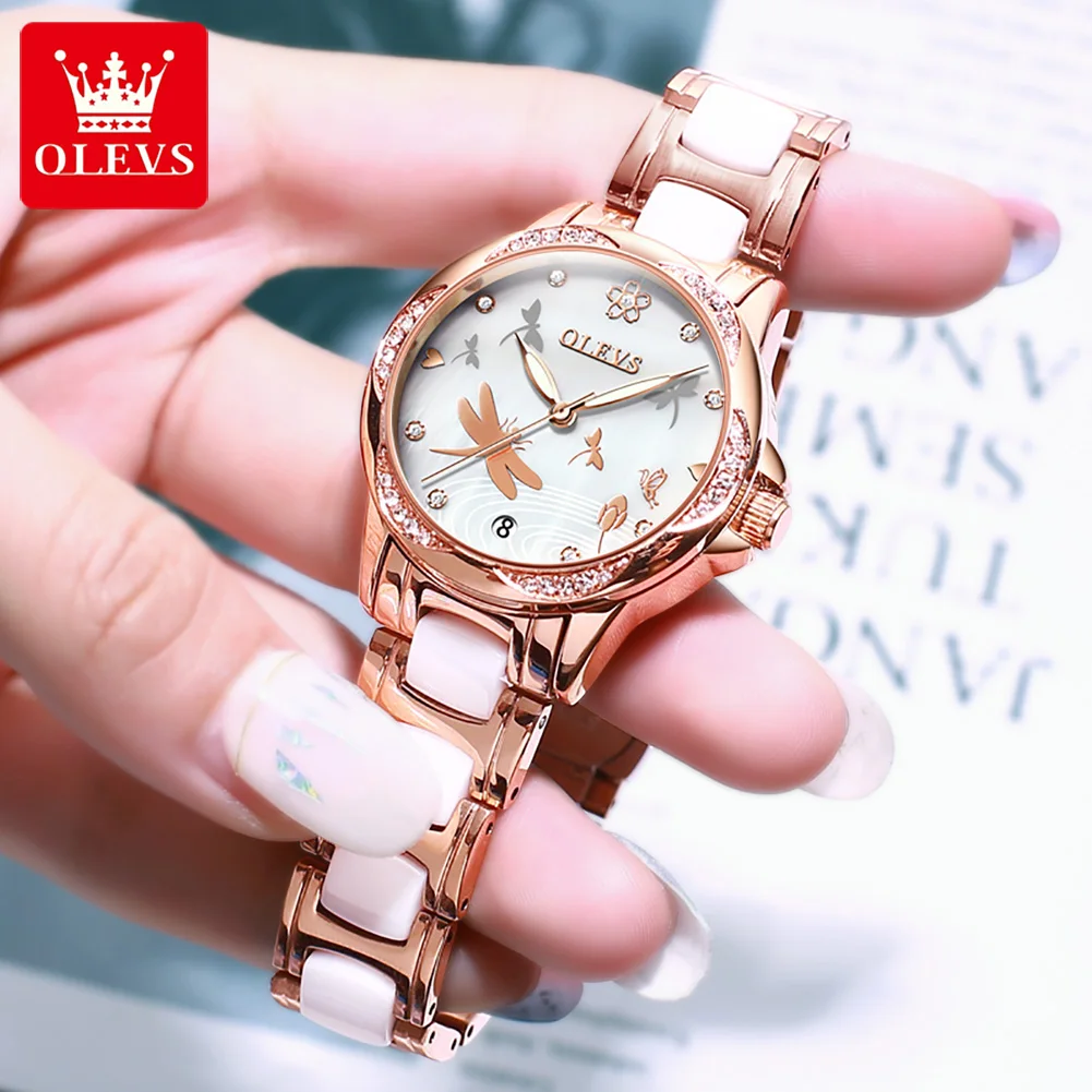 OLEVS Luxury Dragonfly Ceramic Women Mechanical Watches Mother-of-Pearl Dial Rhinestone Scale Waterproof Automatic Watch Woman