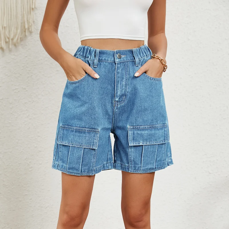 

European and American Summer New High-quality Women's Washed Elastic Waistband Blue Workwear Casual Denim Shorts Hot Pants