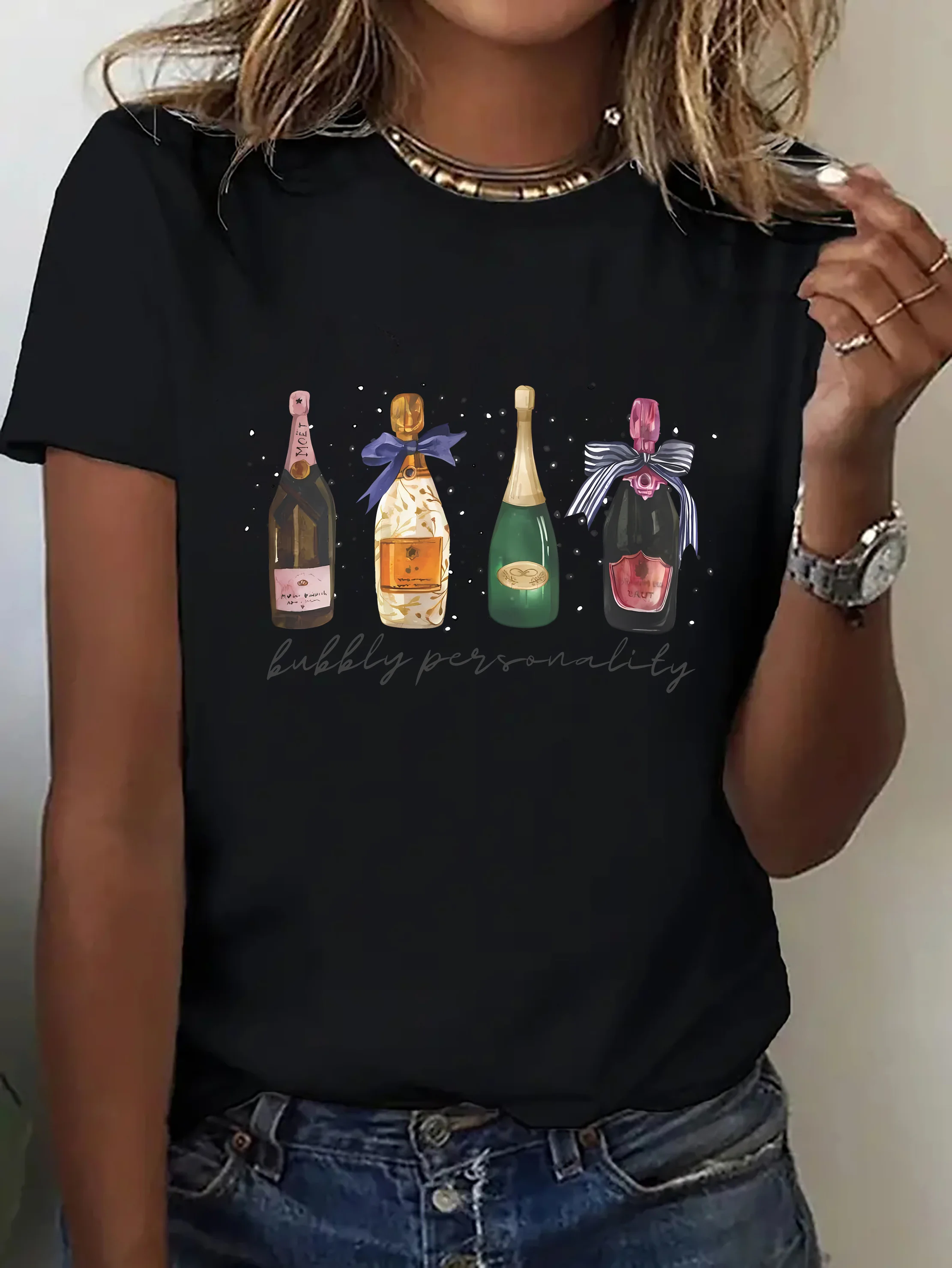 T-Shirt imprimé Champagne de dessin animé à la mode pour femmes, vêtements esthétiques décontractés à manches courtes, Design «Bubbly Personality» Harajuku