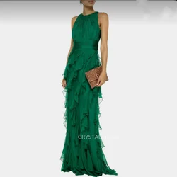 Straight Long Arabic Dubai Green Ruffles Chiffon O Neck Evening Dresses فساتين السهرة Floor Length  فساتين للحفلات الراقصة