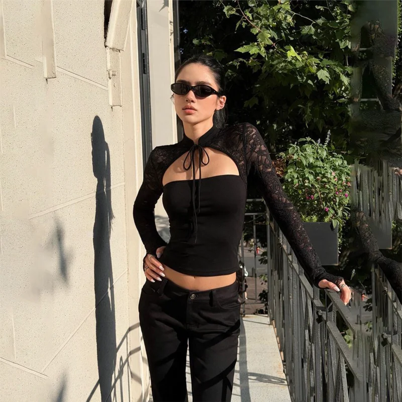 Black Spliced Hollow Long Sleeve Top Unique Stylish Single Wear Autumn New Arrival Women's Slim Fit T-shirt Daily Wear Polyes...