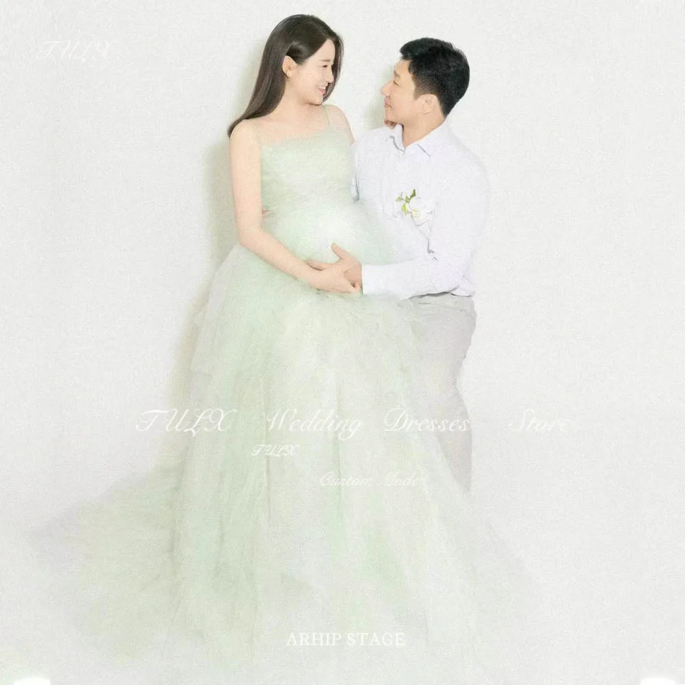 TULX Light Green Tulle Spaghetti Strap Wedding Dress Photo Maternity Women Fairy Dresses Long Bridal Gown Corset 웨딩드레스