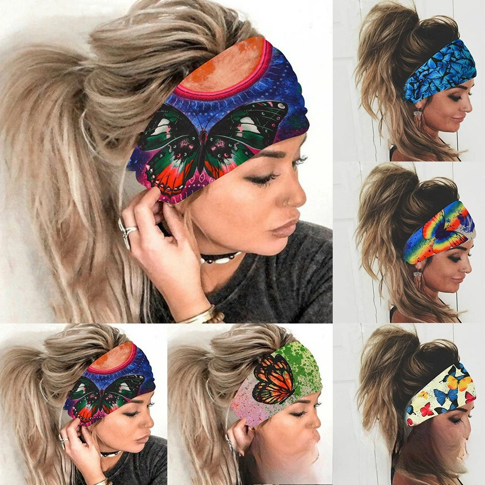 

Elastic Wide Headband Colorful Butterfly Print Sweat Absorbent Sports Hairband