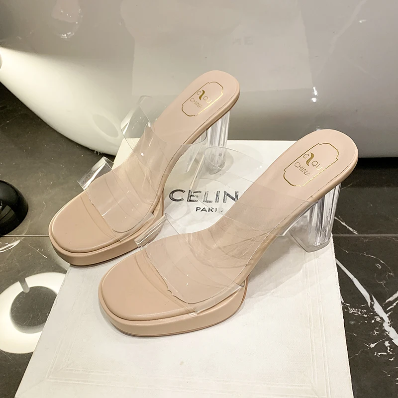 Chinelos de pvc transparente feminino novo copo de cristal super salto alto sexy salto alto tamanho grande verão dedo do pé aberto chinelos transparentes