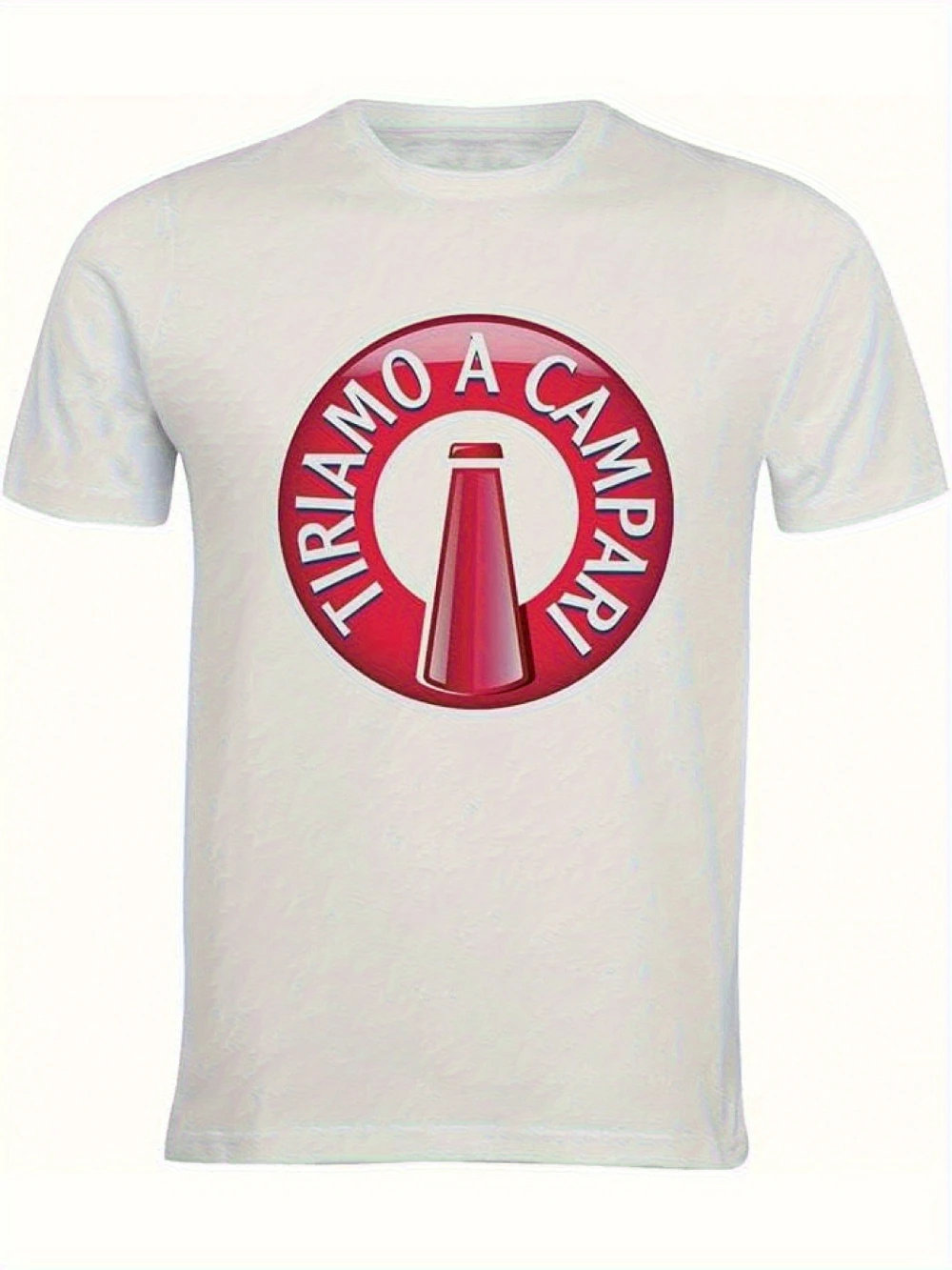 Camiseta gráfica Campari con cuello redondo y manga corta, estilo bohemio, informal, color rojo intenso, diseño TIRAMO A CAMPI y gráficos Campari
