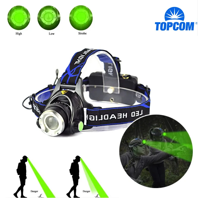 Zoomable Green LED Headlamp Tactical Head Flashlight USB Rechargeable Outdoor Head Light for Night Hiking Camping Hunting
